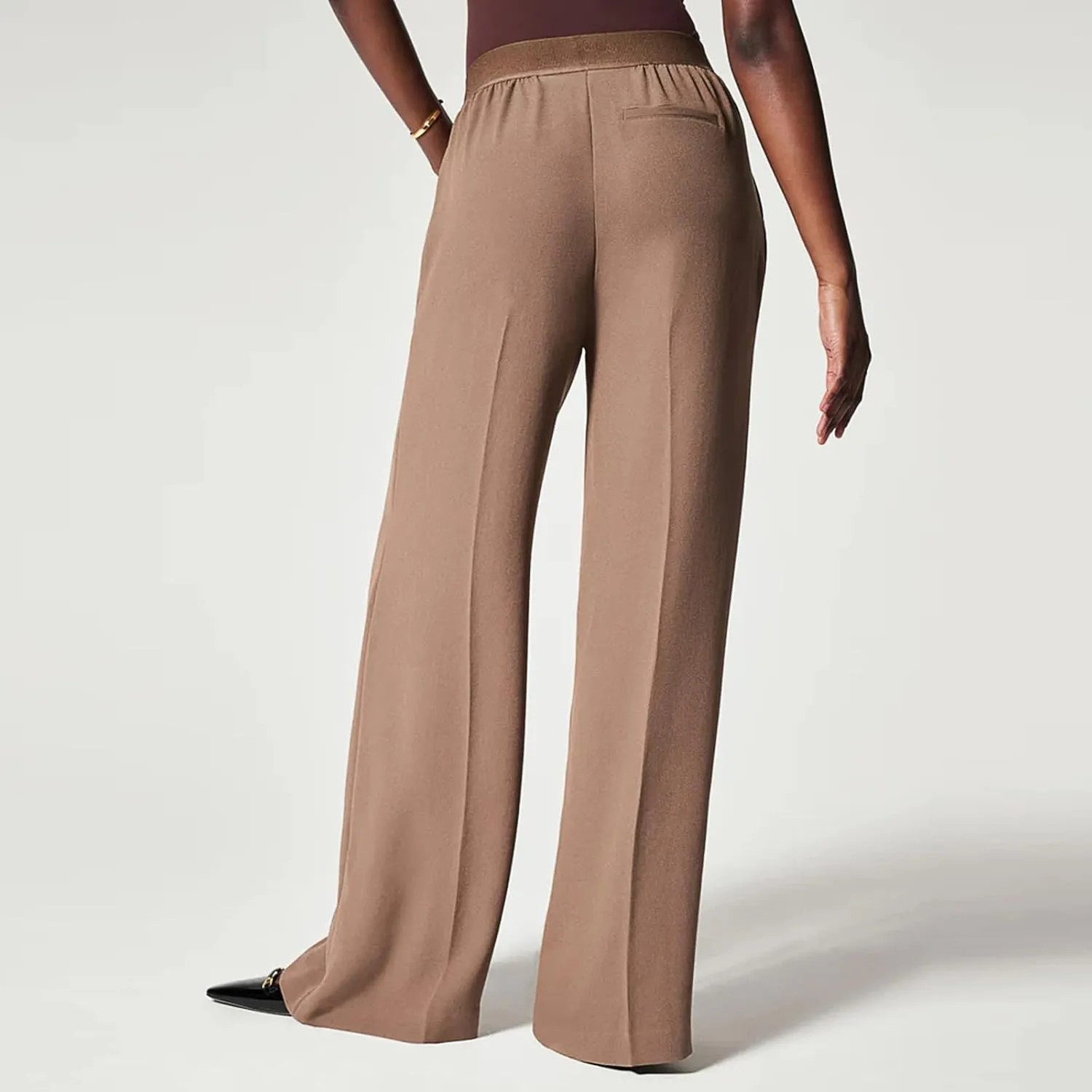 Gumipy Crepe Pleated Pants for Women High Waisted Wide Leg Pants Plus Size Elastic Stretch Palazzo Pants Work Office Trousers