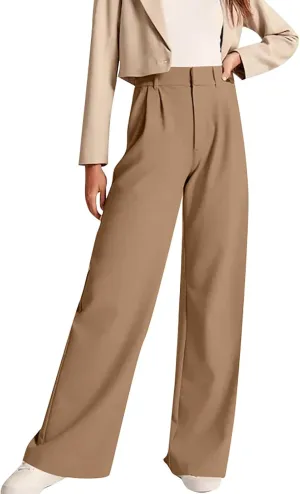 Gumipy Crepe Pleated Pants for Women High Waisted Wide Leg Pants Plus Size Elastic Stretch Palazzo Pants Work Office Trousers