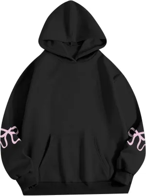 Gumipy Hoodies for Women Fleece Bow Graphic Hoodies Pullover Y2K Long Sleeve Oversized Hoodies Spring Clothes for Women 2025