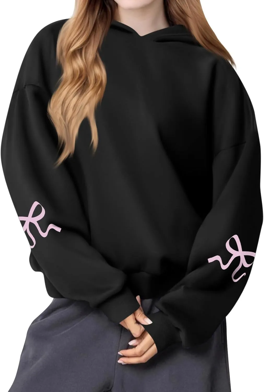 Gumipy Hoodies for Women Fleece Bow Graphic Hoodies Pullover Y2K Long Sleeve Oversized Hoodies Spring Clothes for Women 2025