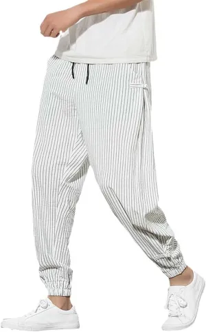 Harem Pants Men Korean Style Casual Loose Cotton Linen Striped Men Sweatpants Jogger Pants Streetwear Trousers