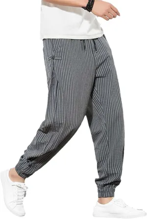 Harem Pants Men Korean Style Casual Loose Cotton Linen Striped Men Sweatpants Jogger Pants Streetwear Trousers