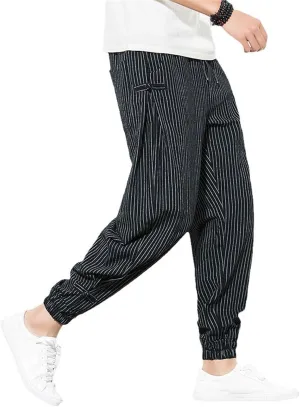 Harem Pants Men Korean Style Casual Loose Cotton Linen Striped Men Sweatpants Jogger Pants Streetwear Trousers
