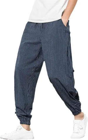 Harem Pants Men Korean Style Casual Loose Cotton Linen Striped Men Sweatpants Jogger Pants Streetwear Trousers