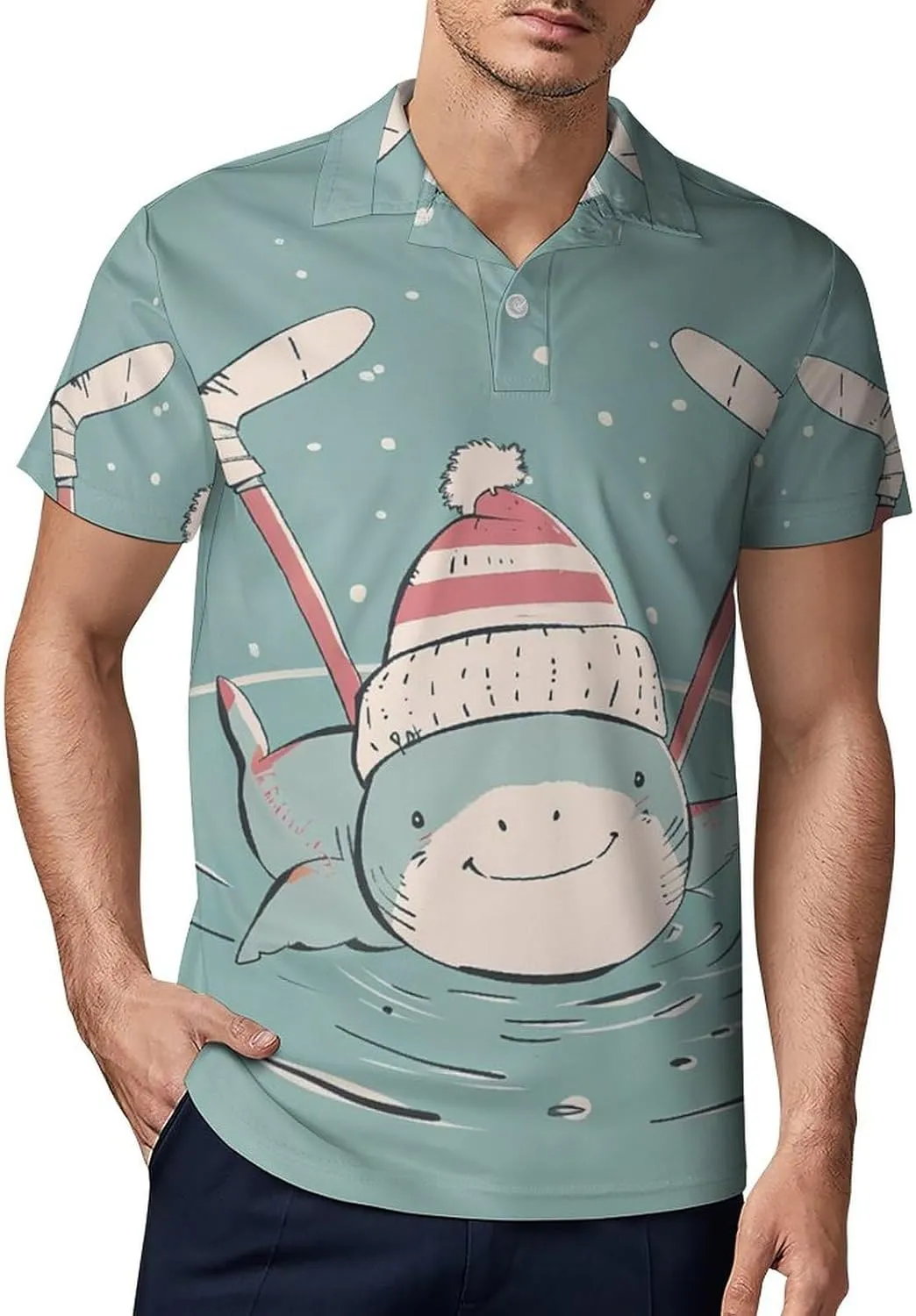 Hockey Shark Classic Polo Shirts for Men Quick Dry Short Sleeve Fit Golf Tees Casual Tops