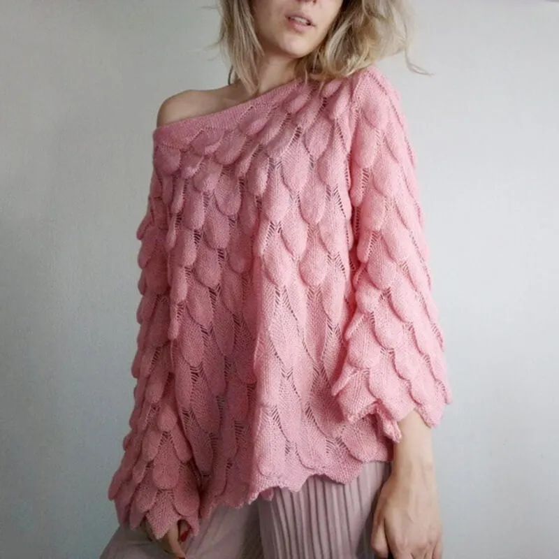 Hollow Out Feather Scoop Neck Sweater  