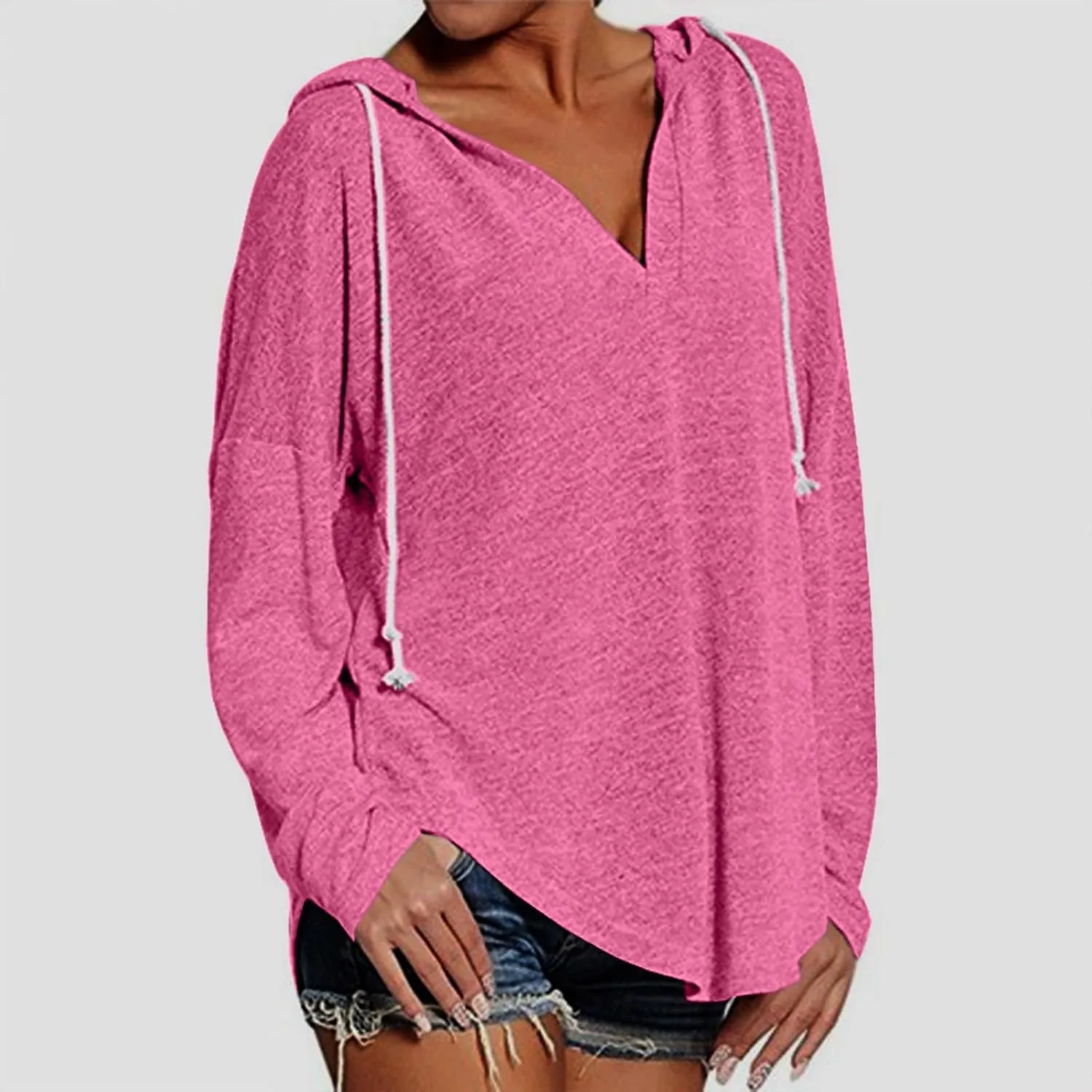 Hoodies for Women Trendy Winter Vneck Sweatshirts Oversized Long Sleeve Tshirts Loose Fit Plain Color Sweatshirts