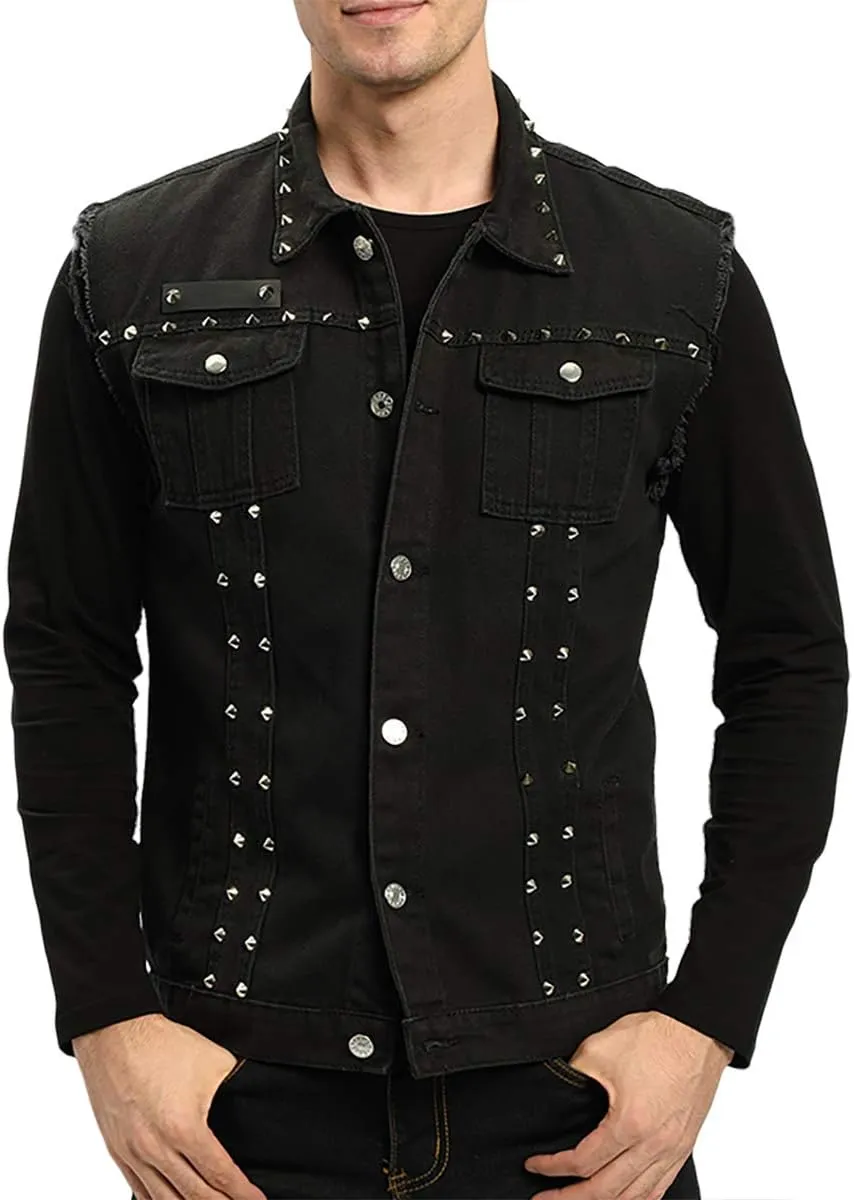 INVACHI Men's Slim Fit Punk Denim Vest Sleeveless Jeans Vest Jacket with Rivets