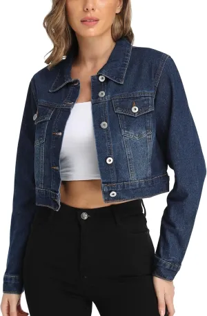 J.Corrine Women's Cropped Jean Jacket Long Sleeve Basic Button Down Casual Vintage Washed Short Denim Jacket with Pockets
