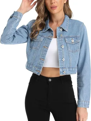 J.Corrine Women's Cropped Jean Jacket Long Sleeve Basic Button Down Casual Vintage Washed Short Denim Jacket with Pockets