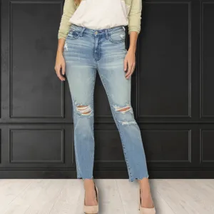 Judy Blue Mid Rise Tinted Wash & Destroy Crop Straight