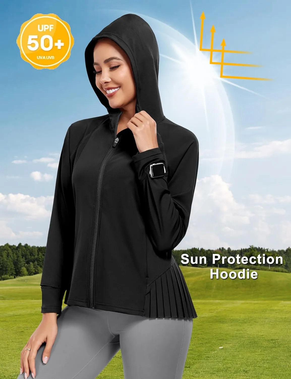 Little Donkey Andy Women's Golf Hoodie Jacket with Pleated Tennis Skirt Hem Full Zip Sun Protection Running Athletic Jackets