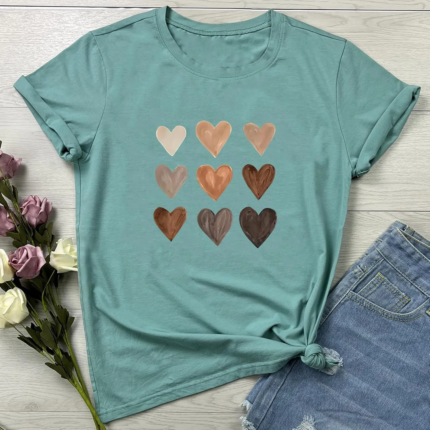 LOOKFACE Women Cute Tops Heart Graphic Tees