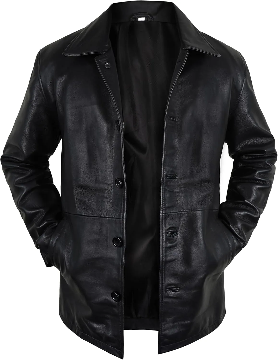 LP-FACON Men's 3/4 Mid Length Genuine Leather Trench Coat - Vintage Leather Blazer Jacket Car Coat