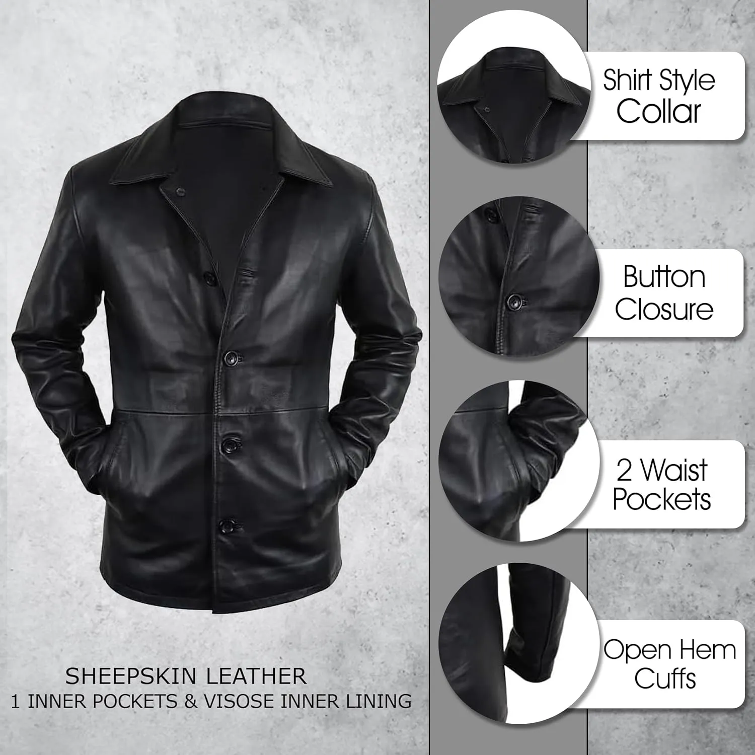 LP-FACON Men's 3/4 Mid Length Genuine Leather Trench Coat - Vintage Leather Blazer Jacket Car Coat