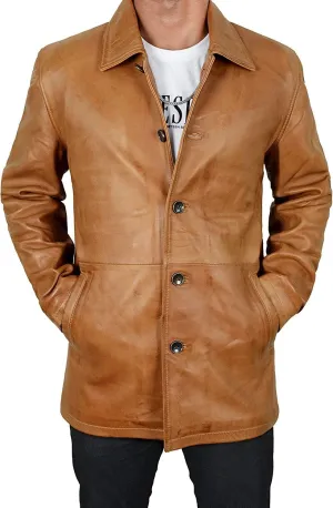 LP-FACON Men's 3/4 Mid Length Genuine Leather Trench Coat - Vintage Leather Blazer Jacket Car Coat