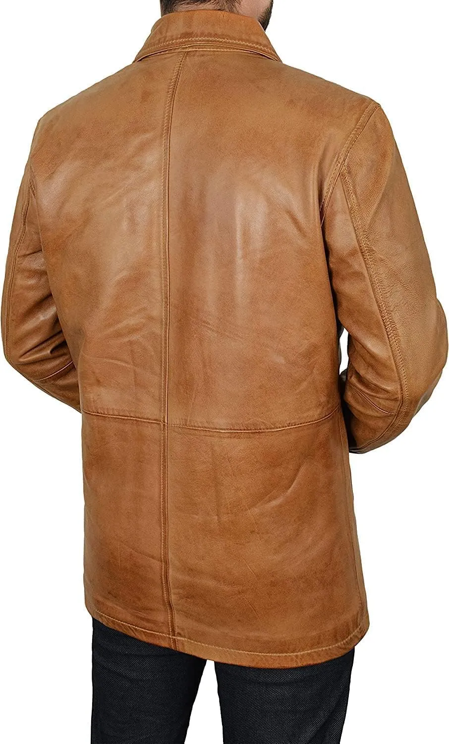 LP-FACON Men's 3/4 Mid Length Genuine Leather Trench Coat - Vintage Leather Blazer Jacket Car Coat