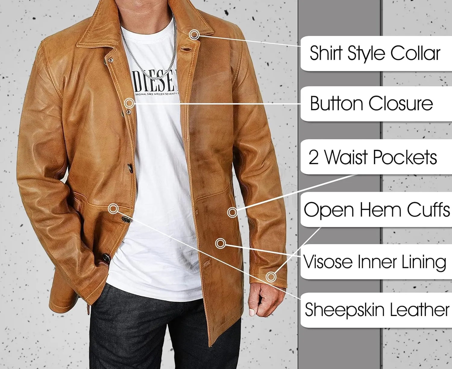 LP-FACON Men's 3/4 Mid Length Genuine Leather Trench Coat - Vintage Leather Blazer Jacket Car Coat