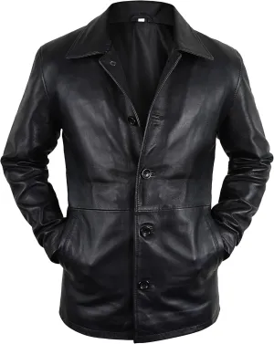 LP-FACON Men's 3/4 Mid Length Genuine Leather Trench Coat - Vintage Leather Blazer Jacket Car Coat