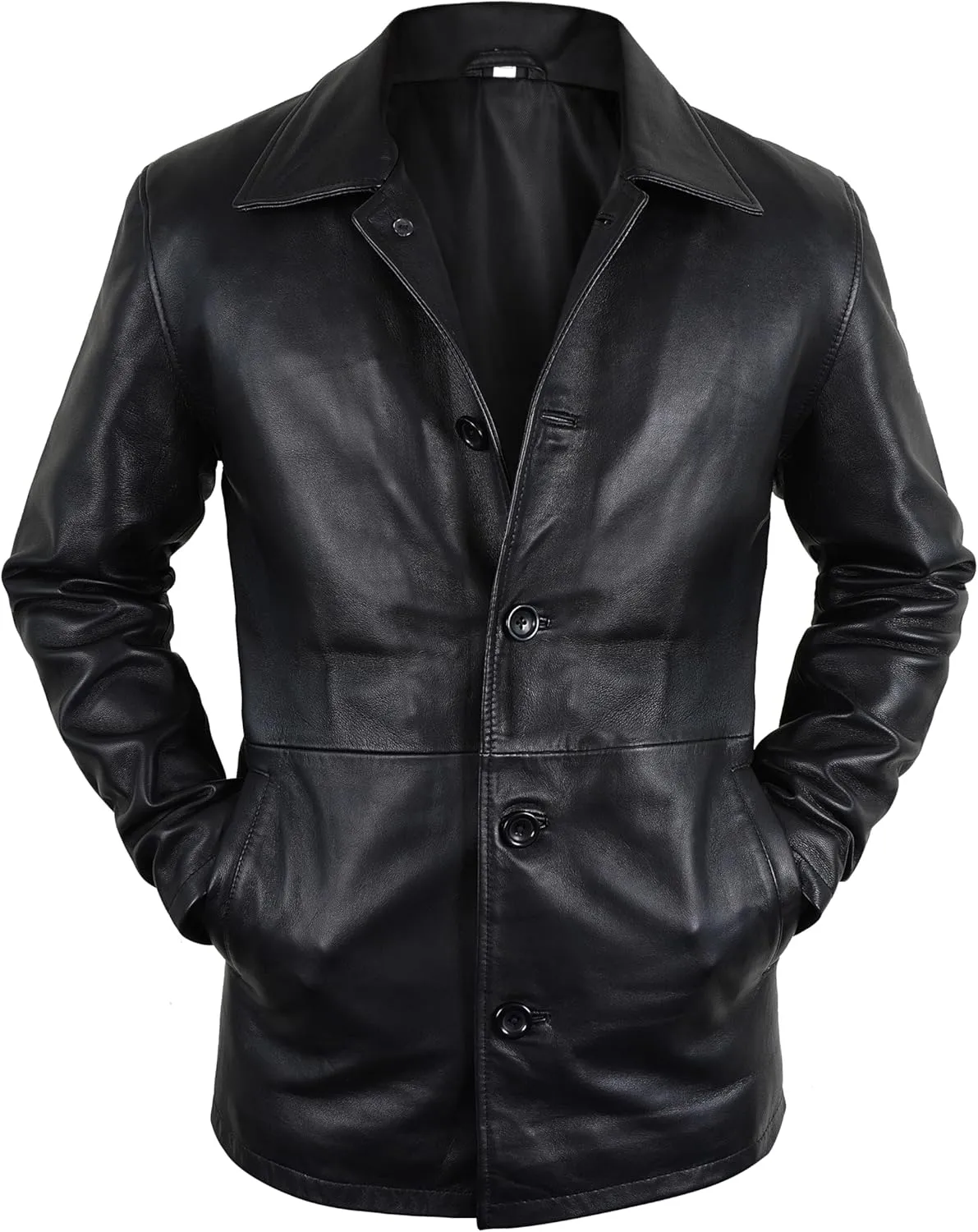 LP-FACON Men's 3/4 Mid Length Genuine Leather Trench Coat - Vintage Leather Blazer Jacket Car Coat