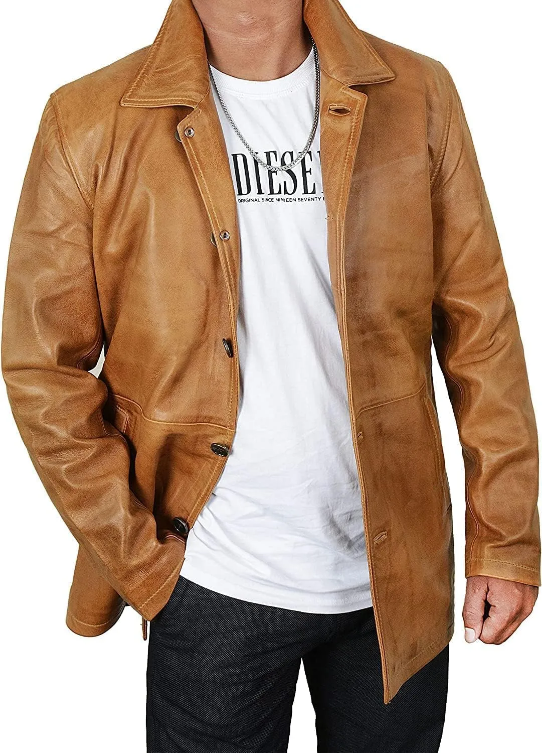 LP-FACON Men's 3/4 Mid Length Genuine Leather Trench Coat - Vintage Leather Blazer Jacket Car Coat