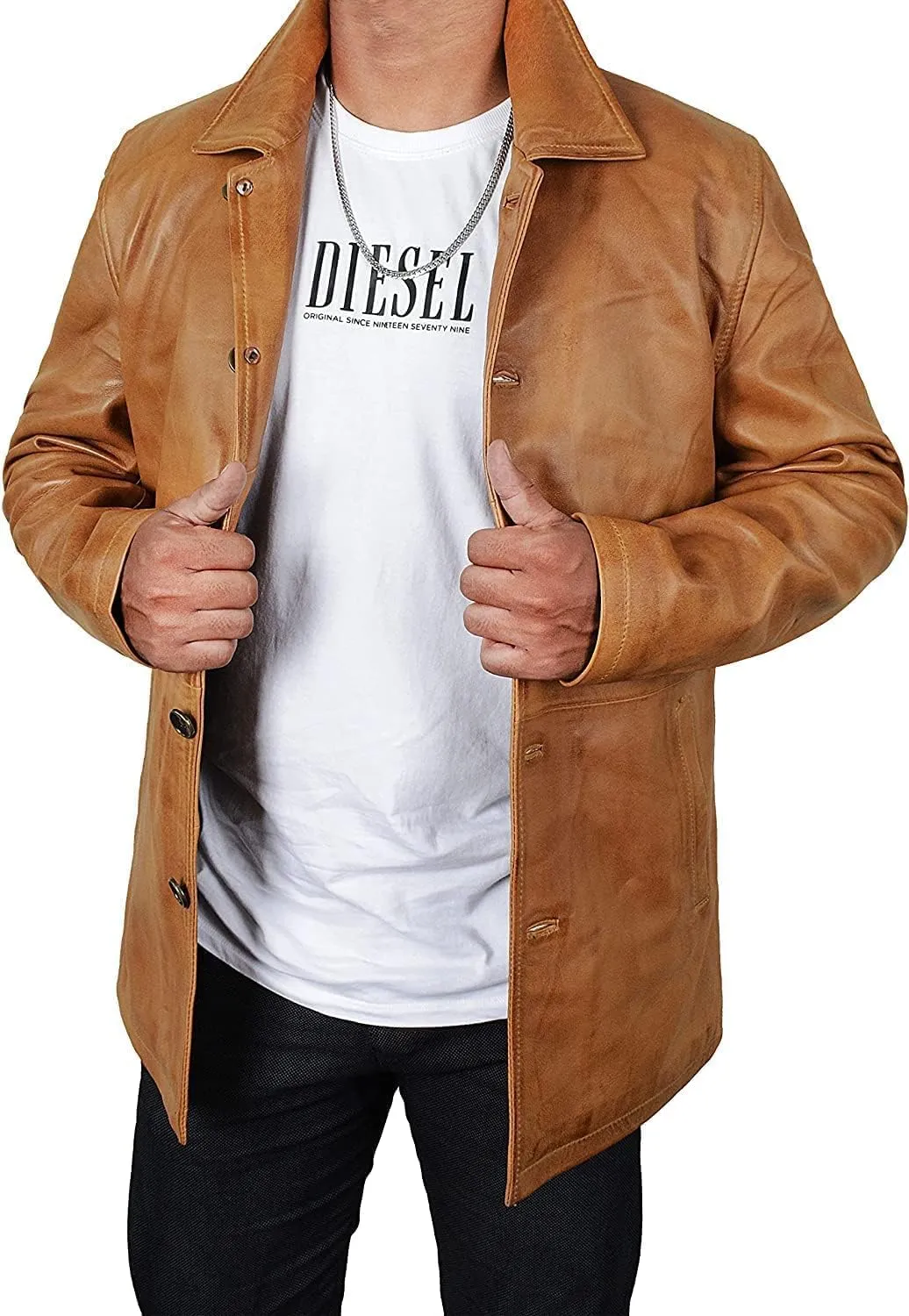 LP-FACON Men's 3/4 Mid Length Genuine Leather Trench Coat - Vintage Leather Blazer Jacket Car Coat