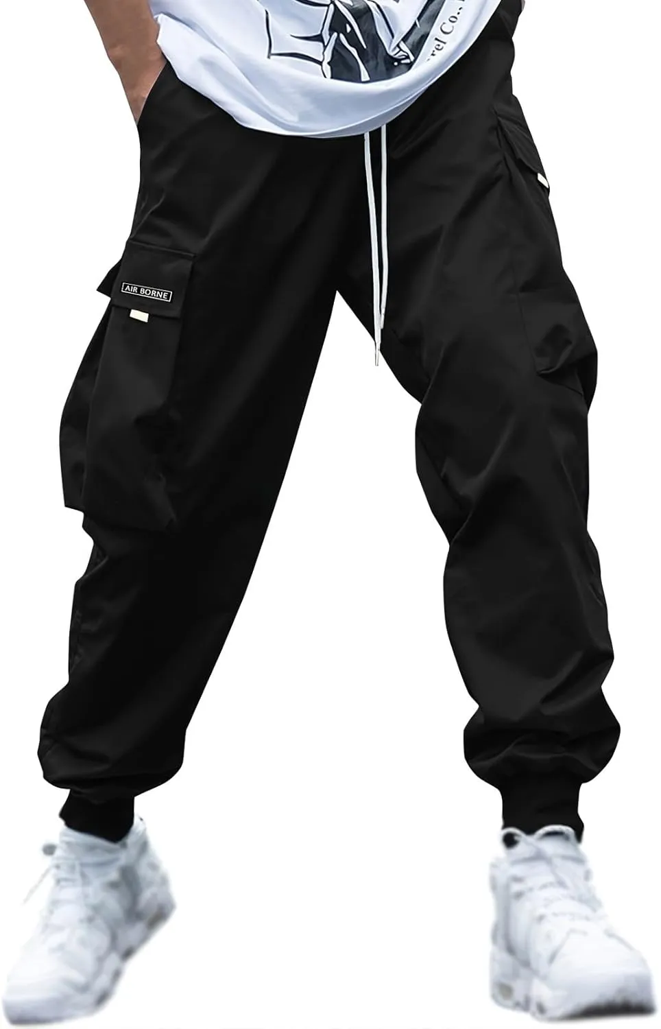 Mens Casual Cargo Pants Drawstring Elastic Waist Flap Pocket Letter Graphic Street Lightweigh Jogger Pants