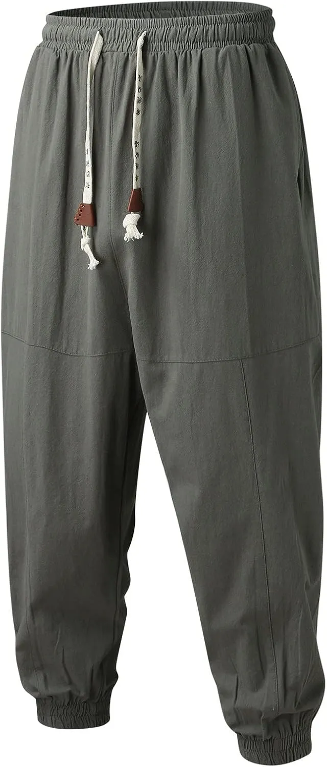 Men's Cotton Linen Pants Drawstring Elastic Waist Cinch Bottoms Summer Beach Pants Loose Fit Drop Crotch Trousers