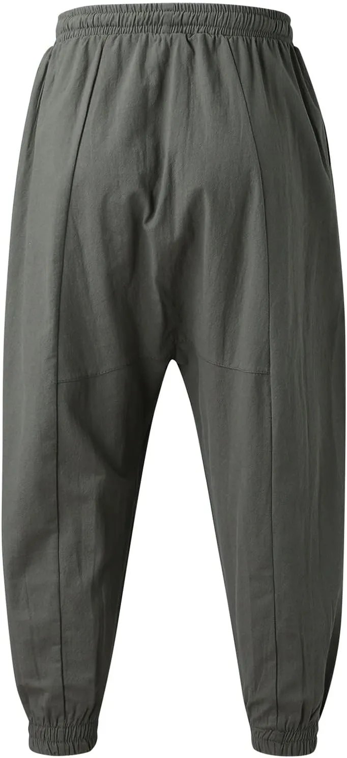 Men's Cotton Linen Pants Drawstring Elastic Waist Cinch Bottoms Summer Beach Pants Loose Fit Drop Crotch Trousers