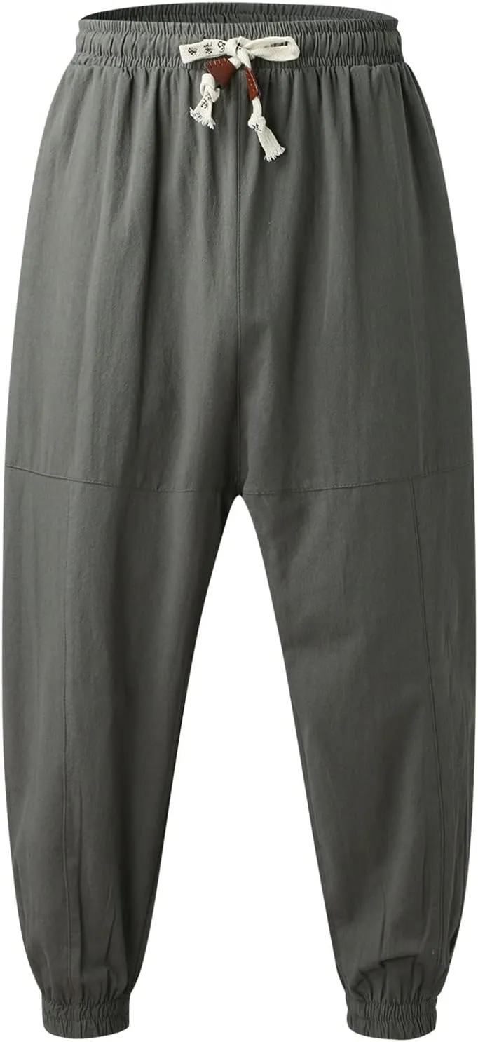 Men's Cotton Linen Pants Drawstring Elastic Waist Cinch Bottoms Summer Beach Pants Loose Fit Drop Crotch Trousers