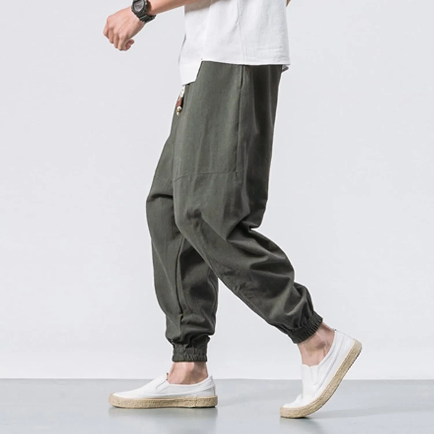 Men's Cotton Linen Pants Drawstring Elastic Waist Cinch Bottoms Summer Beach Pants Loose Fit Drop Crotch Trousers