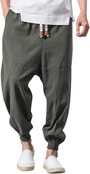 Men's Cotton Linen Pants Drawstring Elastic Waist Cinch Bottoms Summer Beach Pants Loose Fit Drop Crotch Trousers