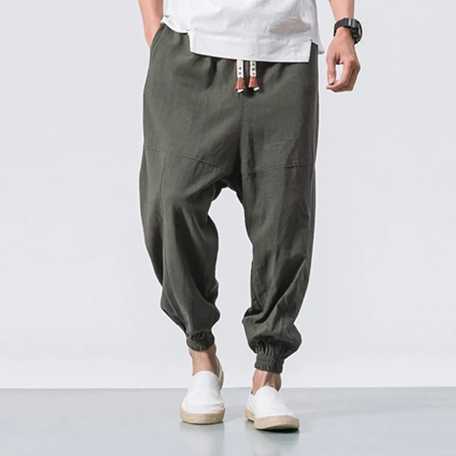 Men's Cotton Linen Pants Drawstring Elastic Waist Cinch Bottoms Summer Beach Pants Loose Fit Drop Crotch Trousers