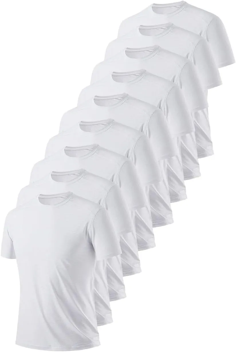 Men's Quick Dry T-Shirts 9 Pack White Breathable Round Neck Tees for Gym Running Fitness Lightweight Sweat Shirt Tops