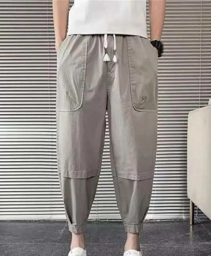 Men's Summer Trendy Casual Streetwear Harem Pants Male Solid Loose Breathable Drawstring Waist Trousers