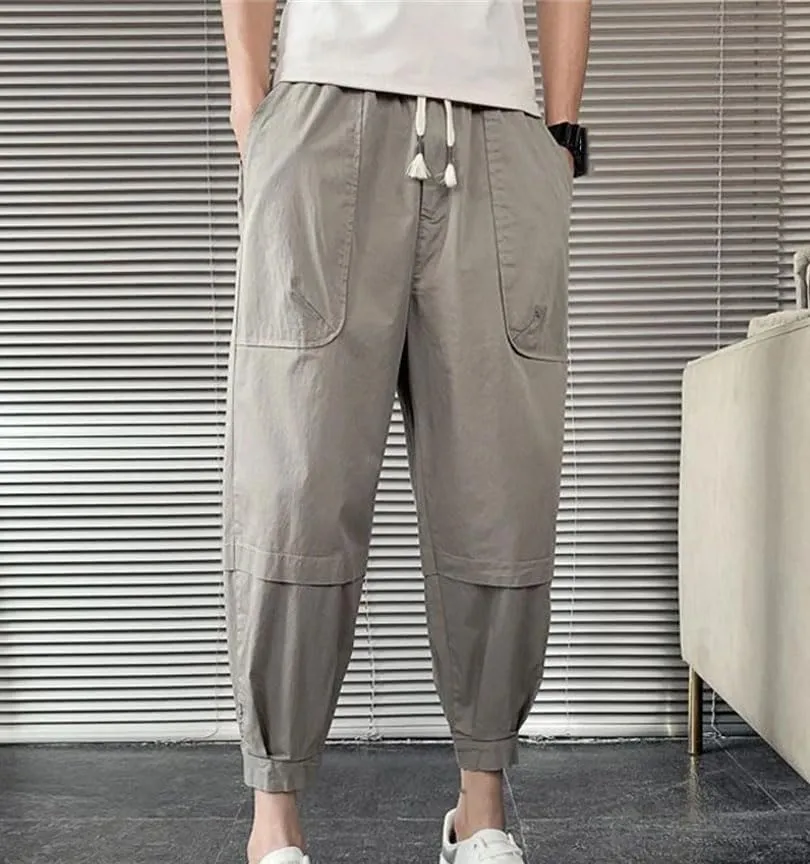 Men's Summer Trendy Casual Streetwear Harem Pants Male Solid Loose Breathable Drawstring Waist Trousers