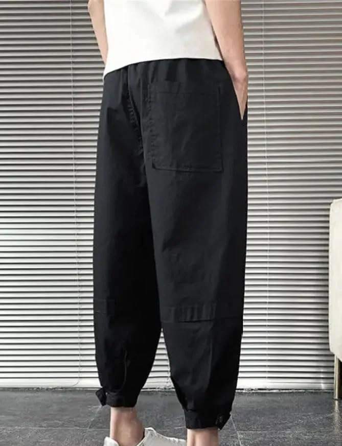 Men's Summer Trendy Casual Streetwear Harem Pants Male Solid Loose Breathable Drawstring Waist Trousers