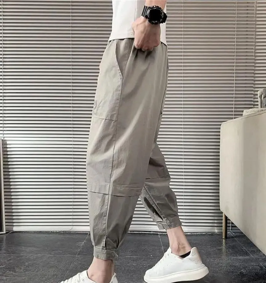 Men's Summer Trendy Casual Streetwear Harem Pants Male Solid Loose Breathable Drawstring Waist Trousers