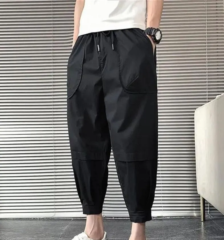 Men's Summer Trendy Casual Streetwear Harem Pants Male Solid Loose Breathable Drawstring Waist Trousers