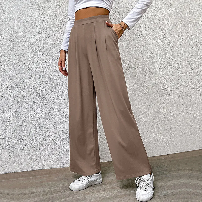 METAVERSMALL Europe and America New autumn casual trousers elastic waist women's trousers solid color pit strip casual trousers wide-leg trousers
