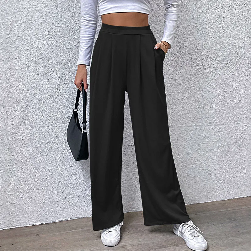 METAVERSMALL Europe and America New autumn casual trousers elastic waist women's trousers solid color pit strip casual trousers wide-leg trousers