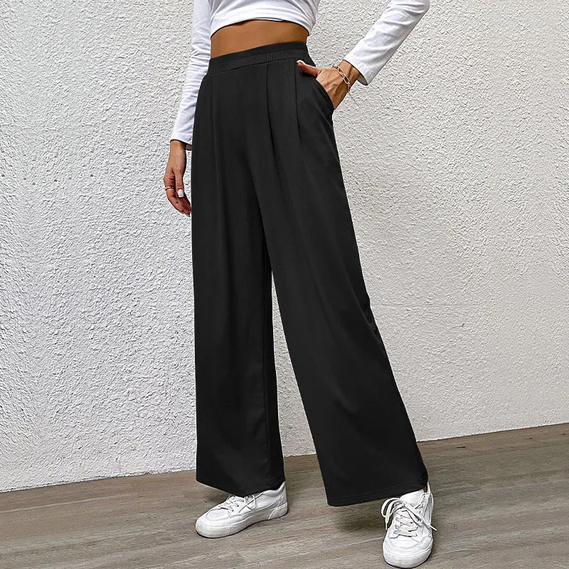 METAVERSMALL Europe and America New autumn casual trousers elastic waist women's trousers solid color pit strip casual trousers wide-leg trousers