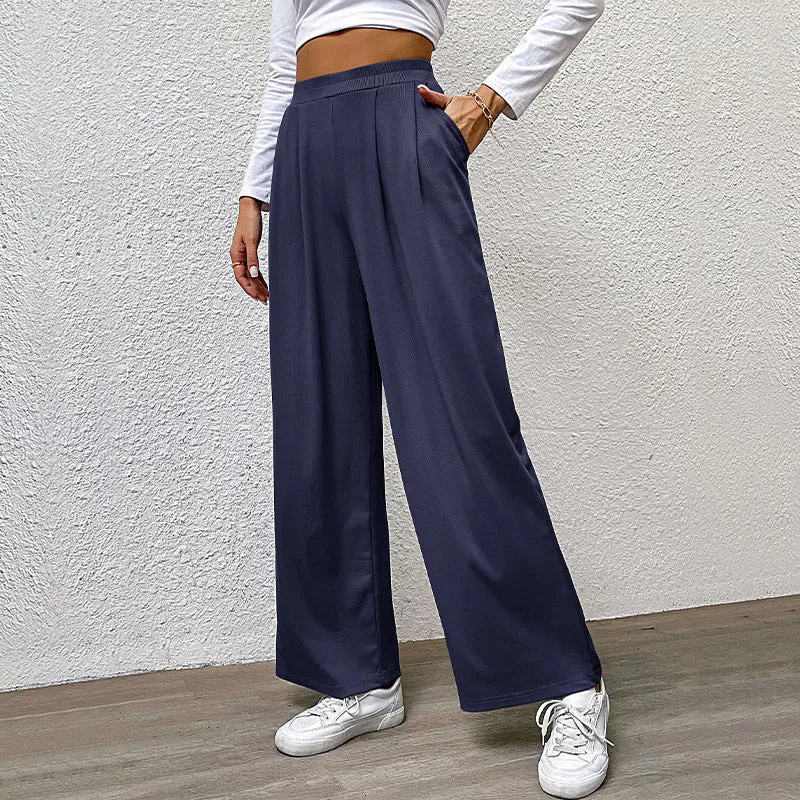 METAVERSMALL Europe and America New autumn casual trousers elastic waist women's trousers solid color pit strip casual trousers wide-leg trousers