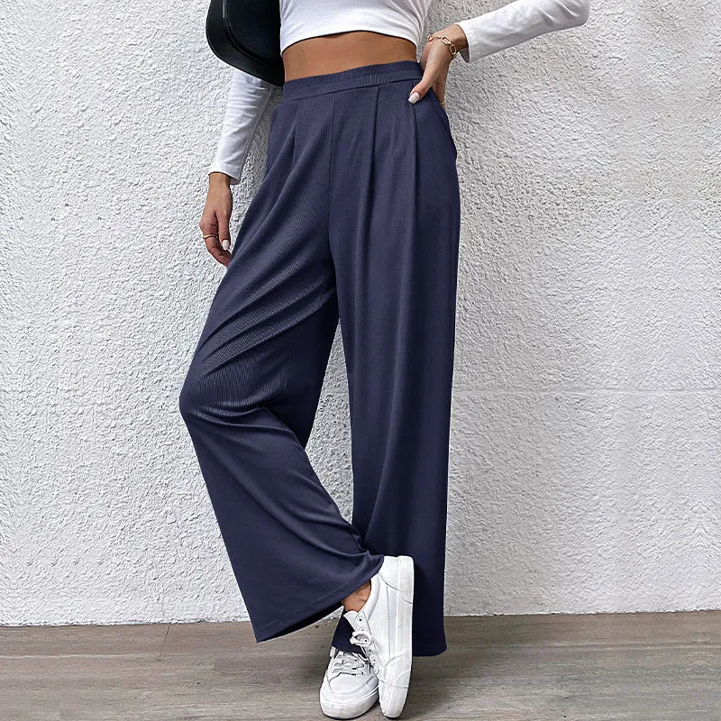 METAVERSMALL Europe and America New autumn casual trousers elastic waist women's trousers solid color pit strip casual trousers wide-leg trousers