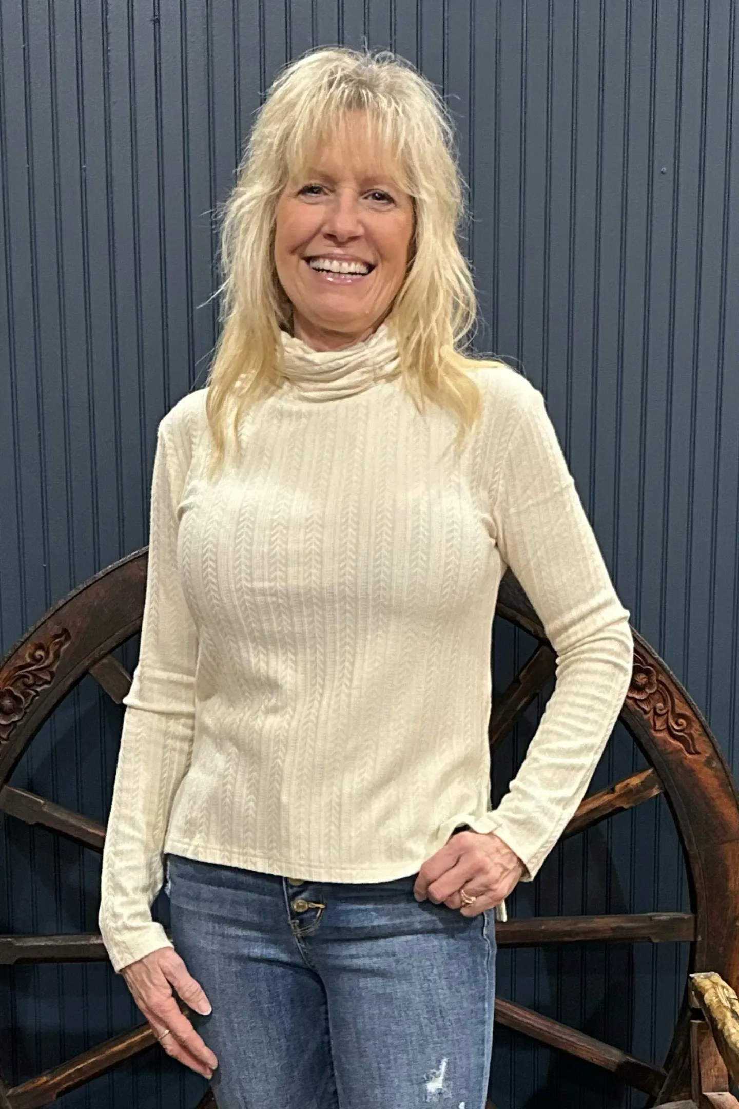 Miss Me Long Sleeve Textured Turtle Neck Beige