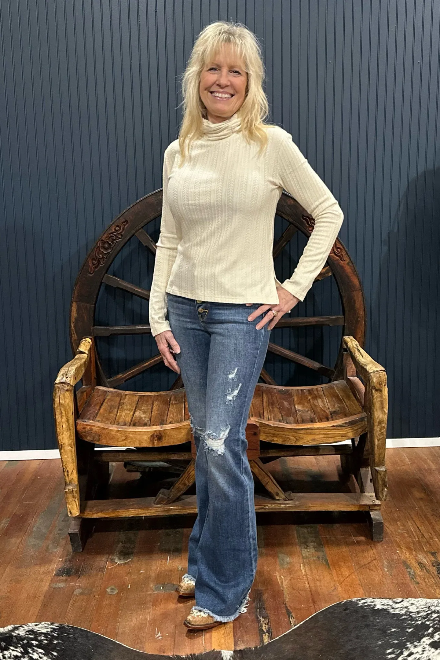 Miss Me Long Sleeve Textured Turtle Neck Beige