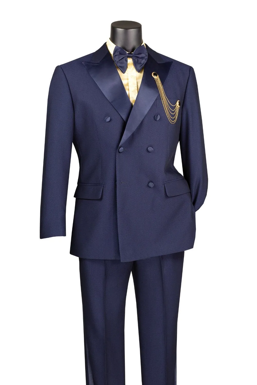 Modern Fit Navy 2 Piece Double Breasted Tuxedo Adjustable Waistband with Oversized Bow Tie
