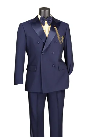 Modern Fit Navy 2 Piece Double Breasted Tuxedo Adjustable Waistband with Oversized Bow Tie