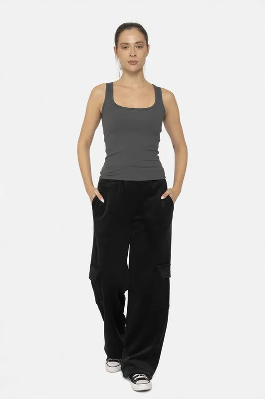 Mono B Black Elastic Waist Corduroy Cargo Pants