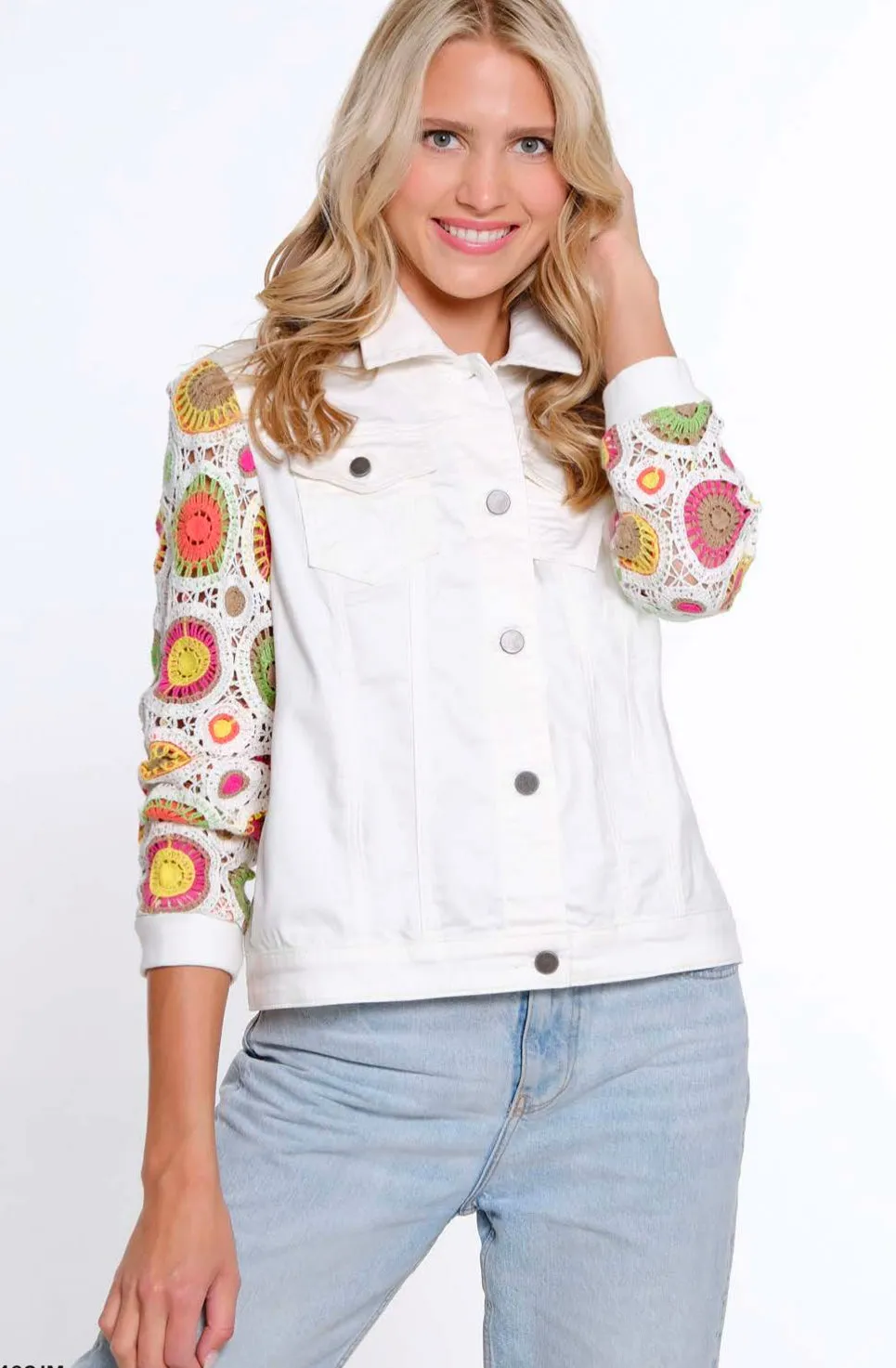 Multiples: Cuffed Two Pocket Jean Jacket in White M15403JM